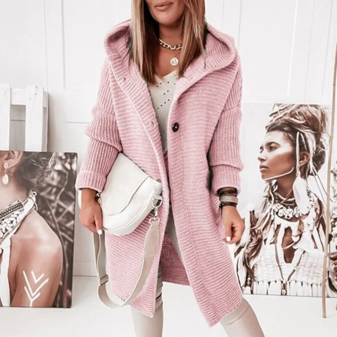 Madilyn Long Gilet en Maille pour Femme – Měkká mikina s kapucí a zapínáním na knoflíky