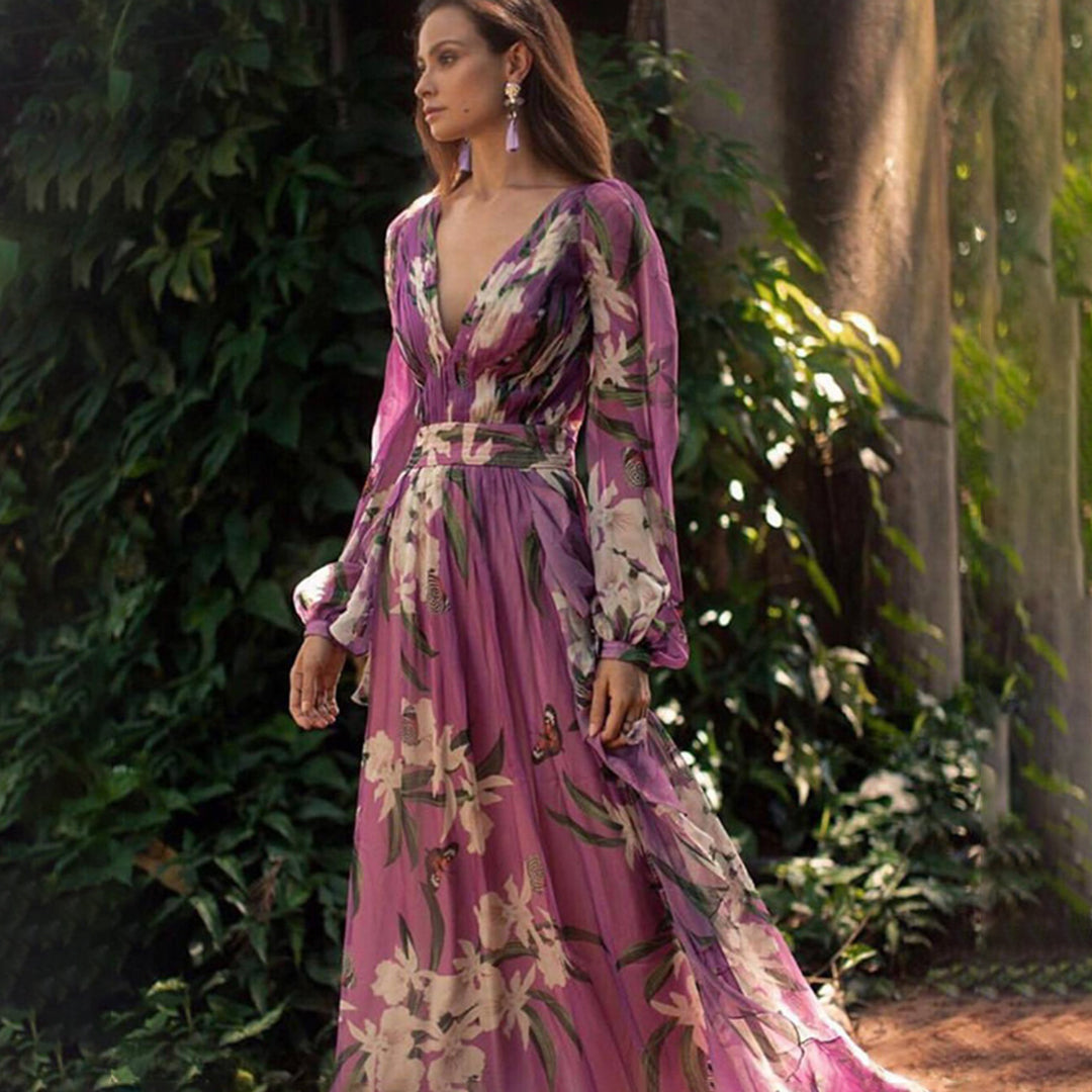 Sukienka maxi Natalia Femme – Letnia elegancja, lekki poliester i luźny krój fioletowy