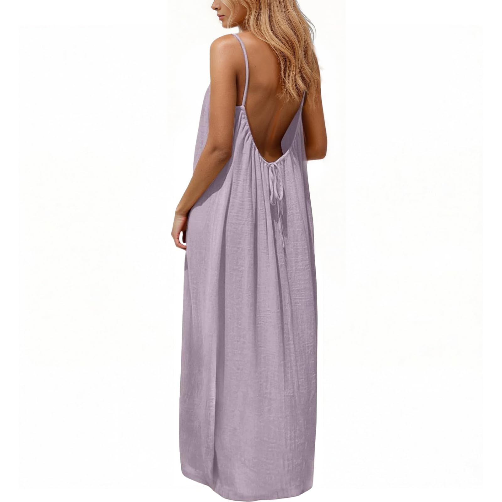 Rowena Maxi Dress for Women – Backless, Adjustable Straps & Fluid A-Line Cut Solid Summer