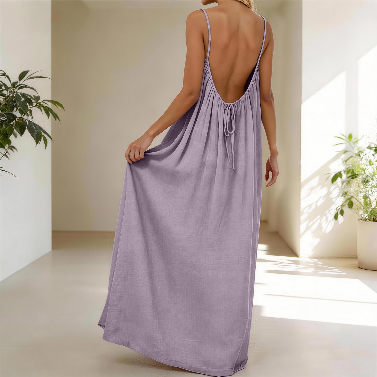 Rowena Maxi Dress for Women – Backless, Adjustable Straps & Fluid A-Line Cut Solid Summer