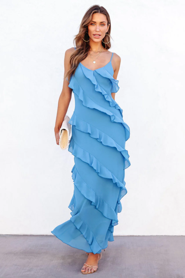 Abito lungo Ashtine - Abito estivo leggero con volant con gonna da pavimento e look da spiaggia