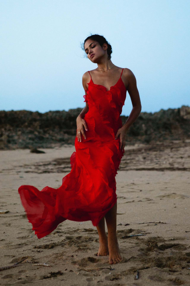 Abito lungo Ashtine - Abito estivo leggero con volant con gonna da pavimento e look da spiaggia