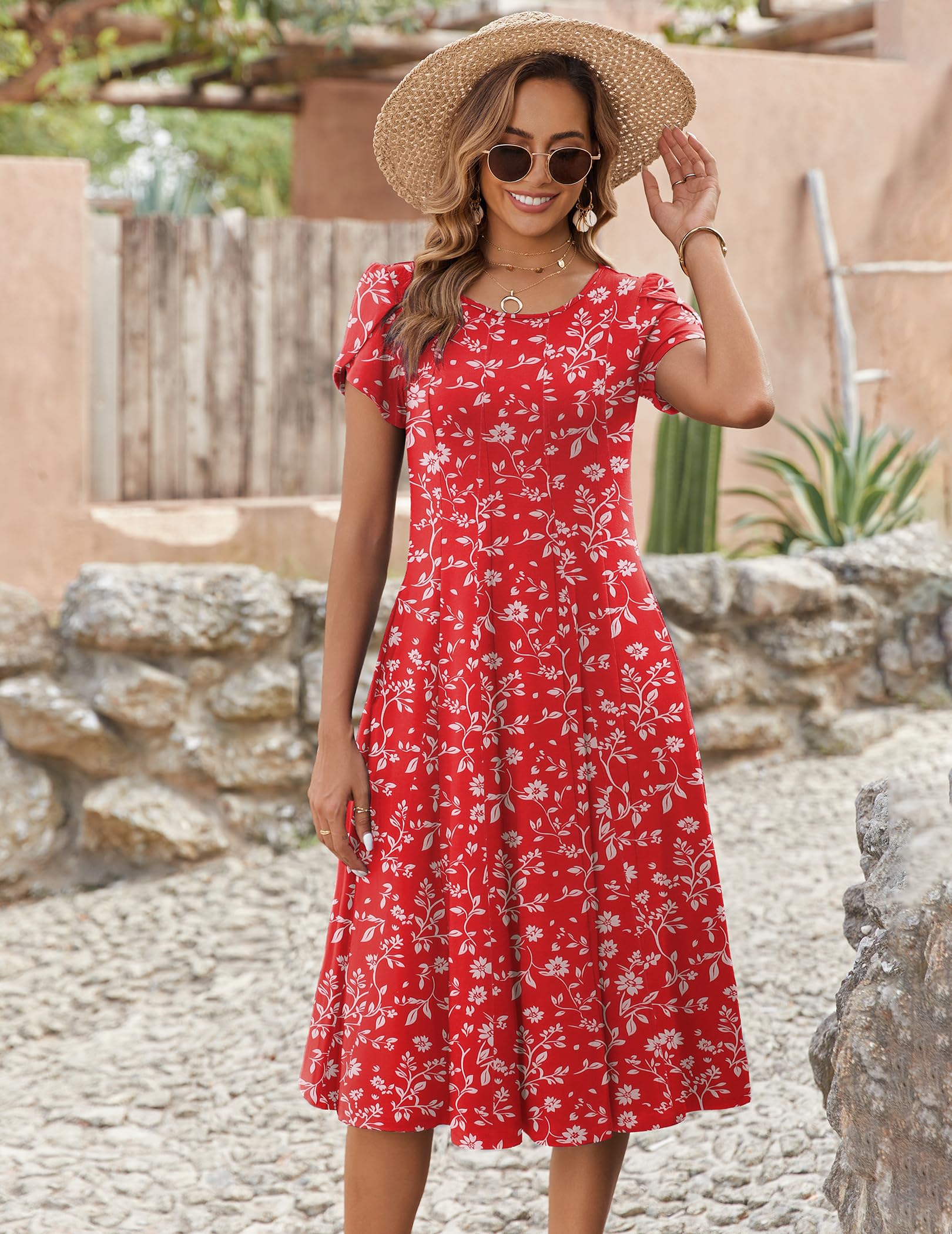 Wella Robe Femme – Sukienka z okrągłym dekoltem, krótkimi rękawami, krojem swing midi i kieszeniami na lato