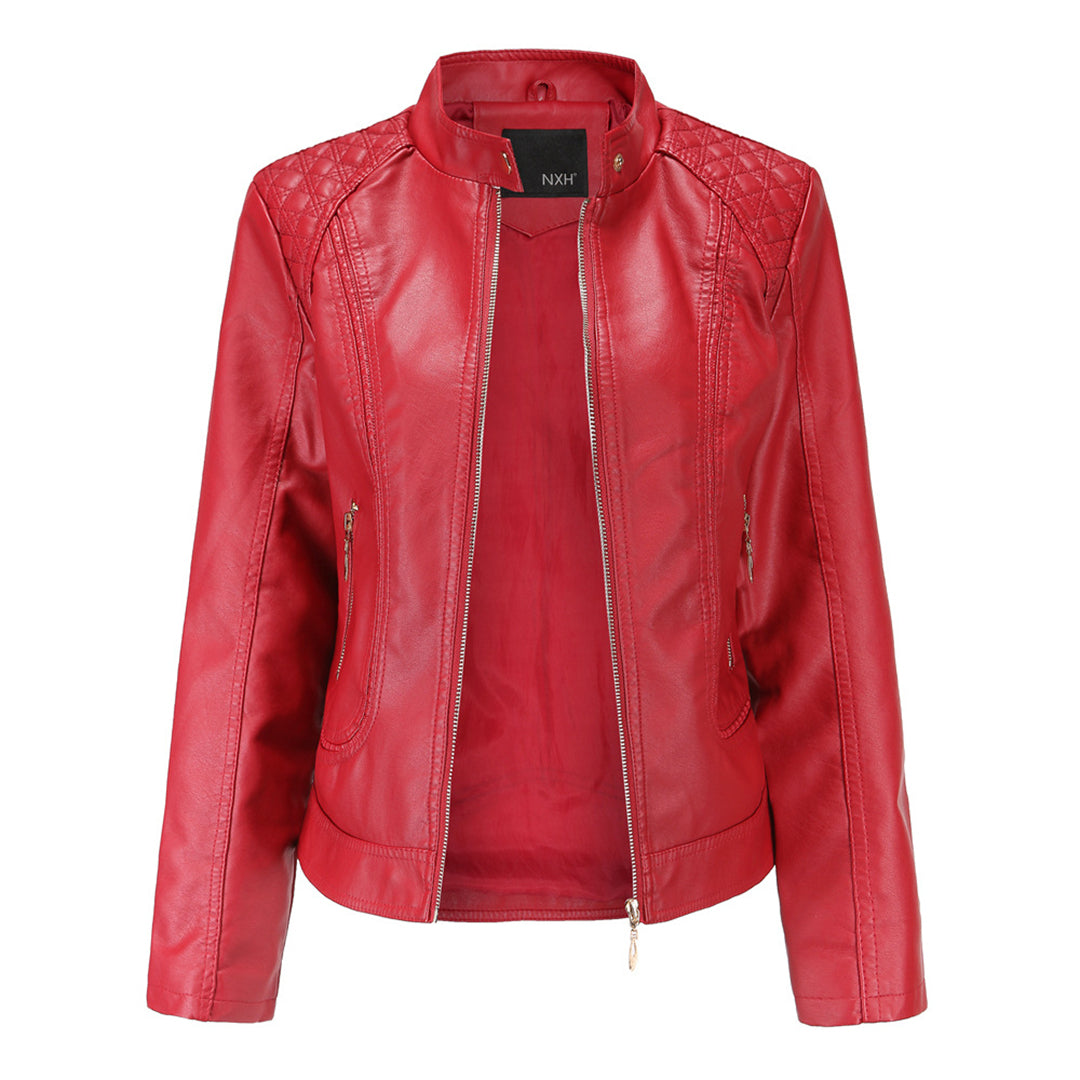 Janiyah Casaco de Pele Mulher – Gola Alta Chic, Fechos de Correr e Estilo Moderno Elegante