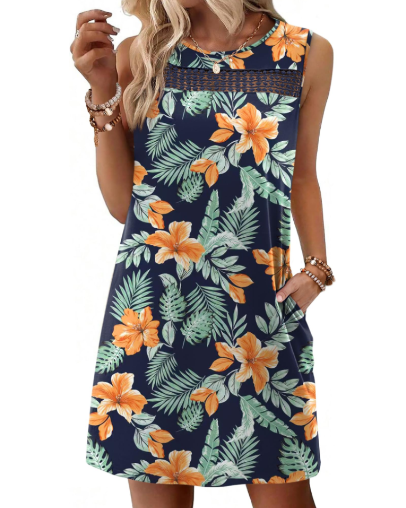 Vestido Mini Feminino Renee – Vestido de Verão com Alças em Renda, Corte Fluido com Bolsos, Estilo Elegante