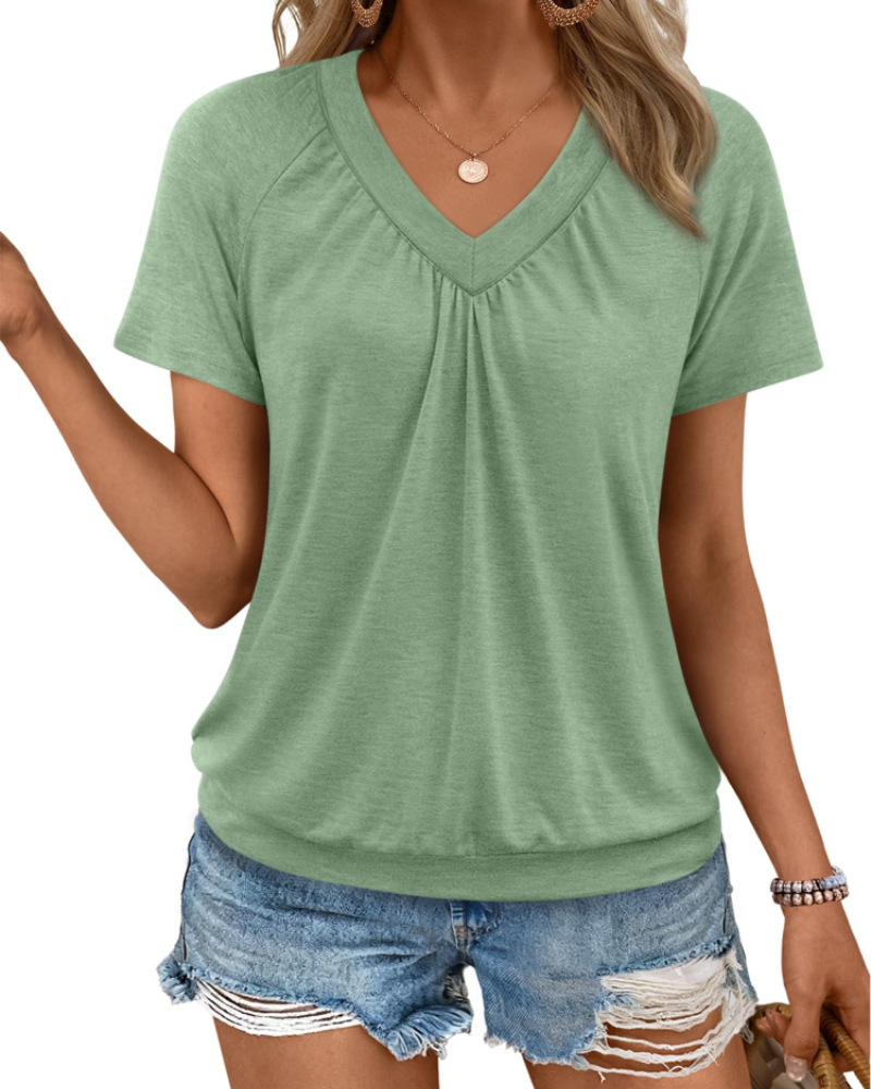Rhea Top Damă – Tricou cu decolteu în V plisat, croială fluidă elegantă și confortabilă de vară