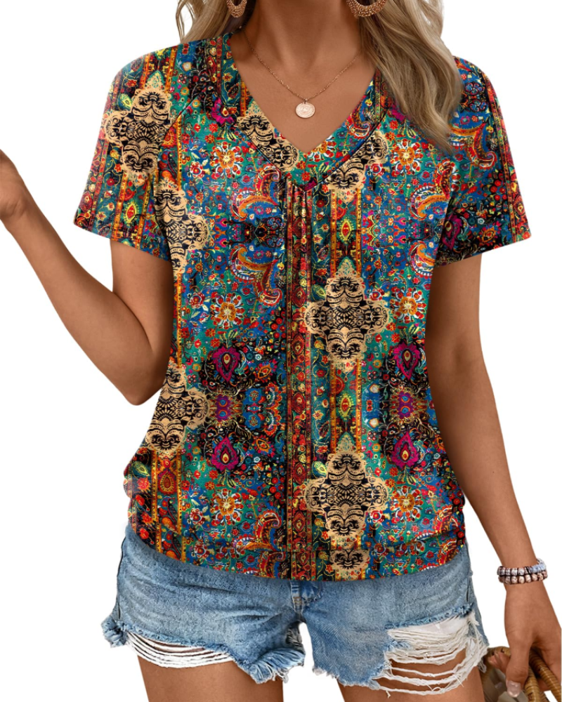 Rhea Top Damă – Tricou cu decolteu în V plisat, croială fluidă elegantă și confortabilă de vară