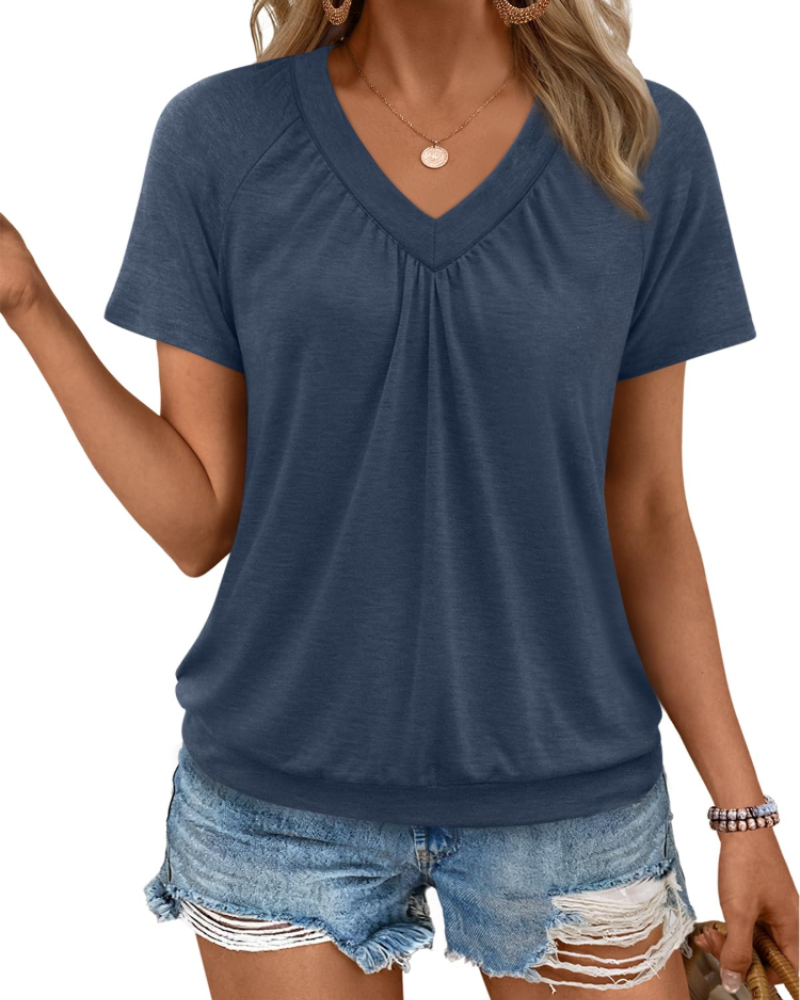 Rhea Top Damă – Tricou cu decolteu în V plisat, croială fluidă elegantă și confortabilă de vară