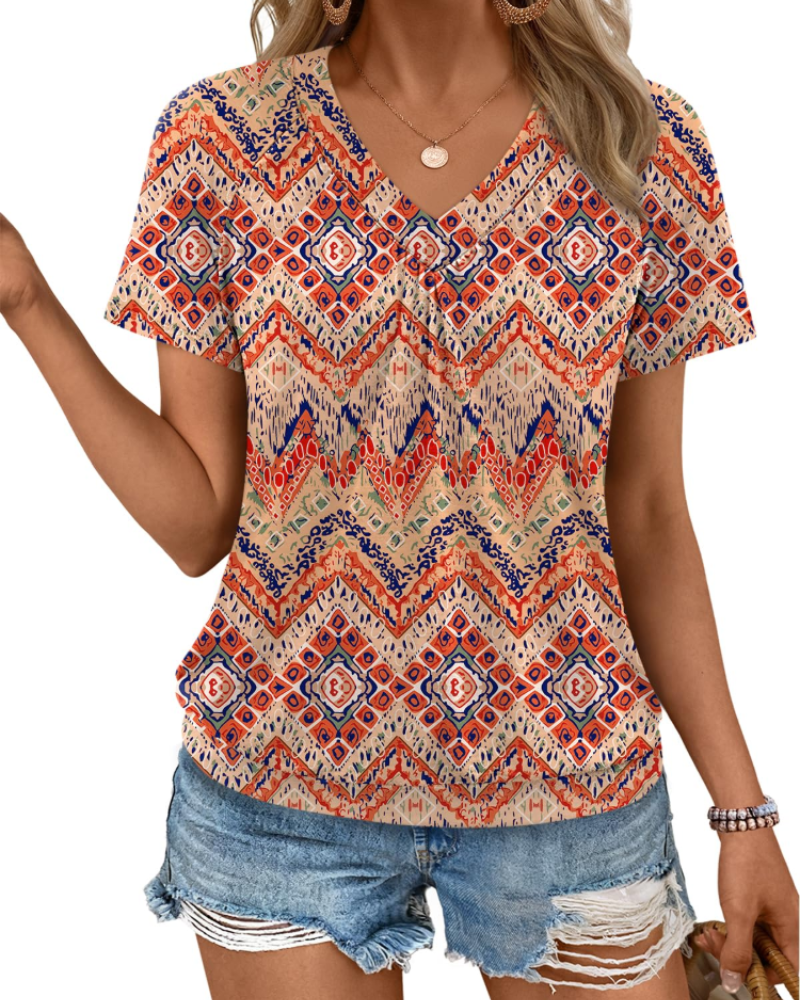 Rhea Top Damă – Tricou cu decolteu în V plisat, croială fluidă elegantă și confortabilă de vară