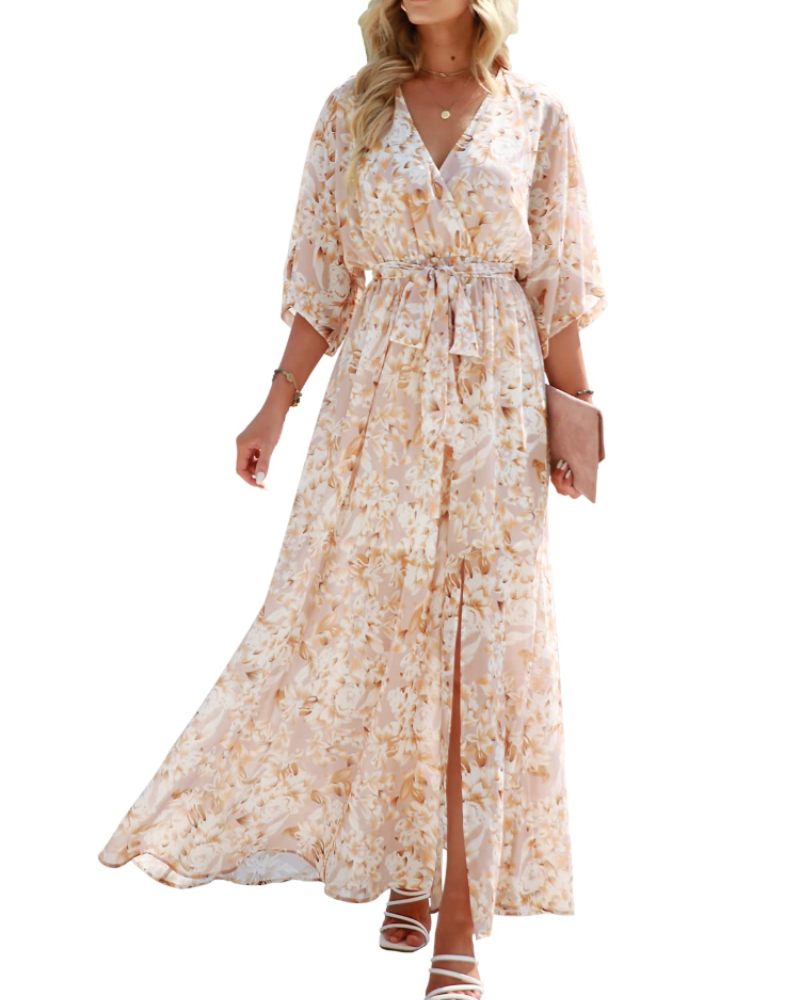 Rodelyn Dámský Maxi Župan – Výstřih do V se Zavinovacím Efektem, 3/4 Kimono Rukávy a Elegantní Bohémský Rozparek