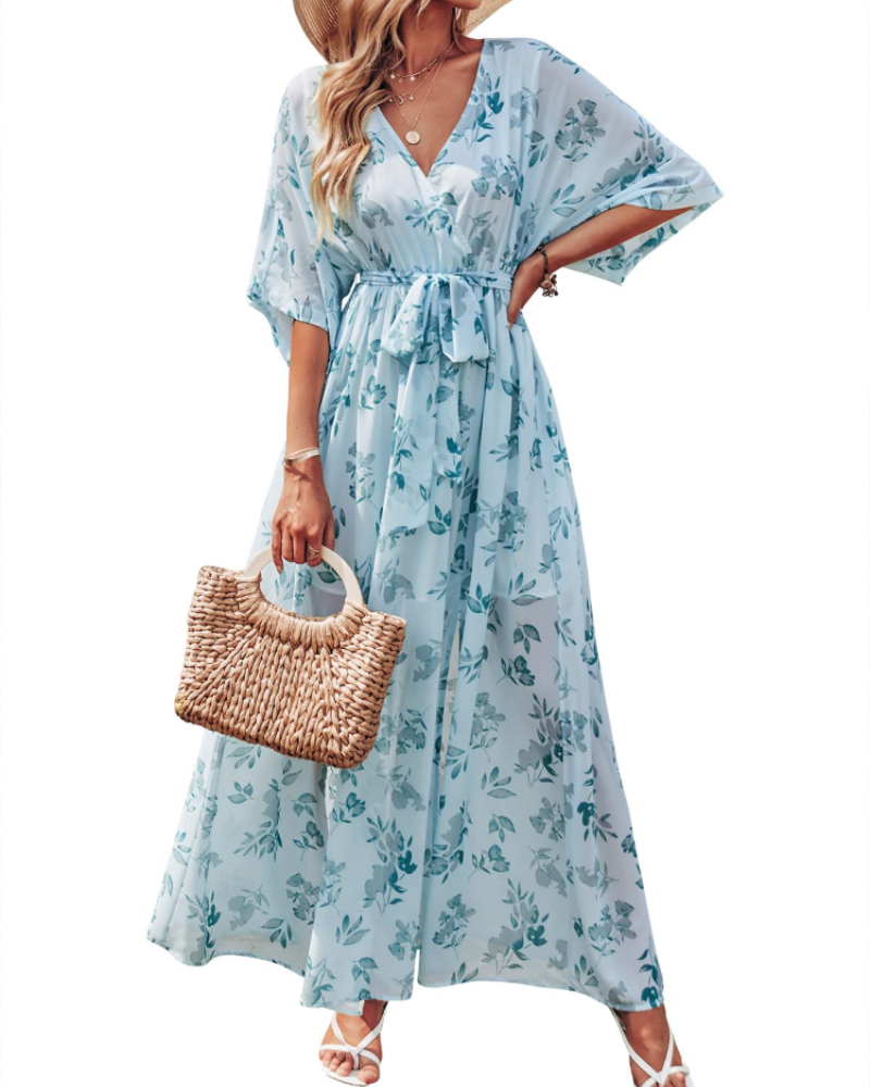 Rodelyn Dámský Maxi Župan – Výstřih do V se Zavinovacím Efektem, 3/4 Kimono Rukávy a Elegantní Bohémský Rozparek