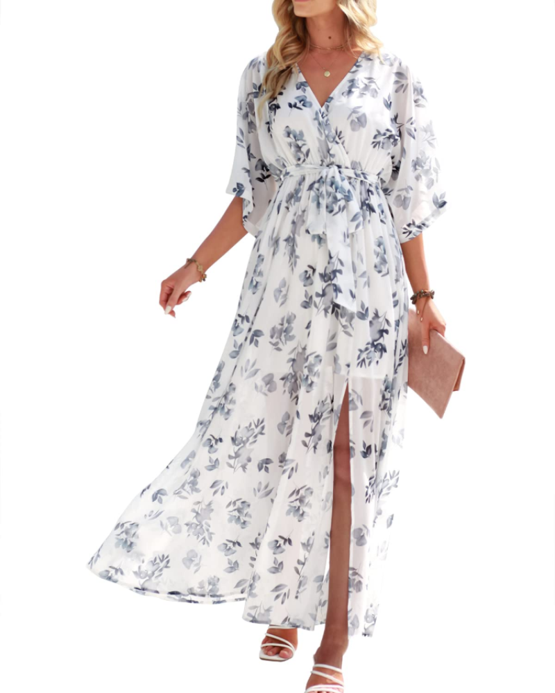 Rodelyn Dámský Maxi Župan – Výstřih do V se Zavinovacím Efektem, 3/4 Kimono Rukávy a Elegantní Bohémský Rozparek