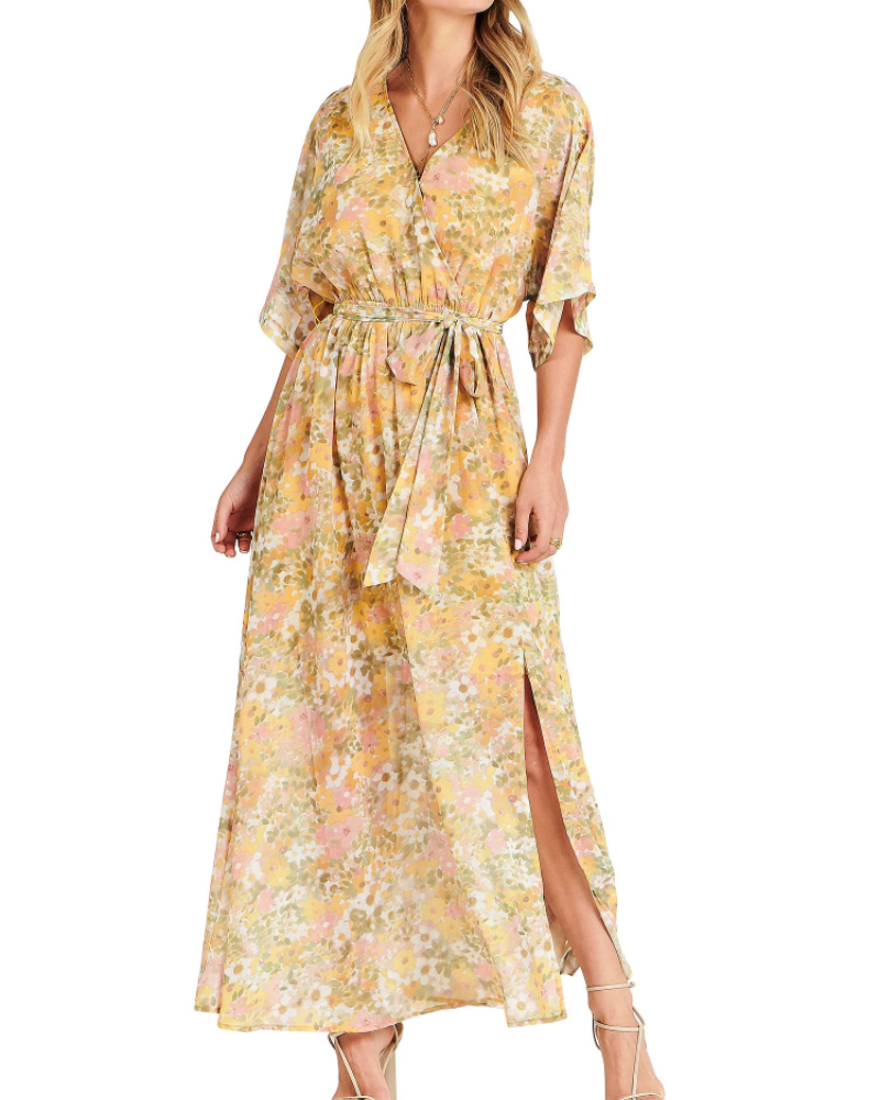 Rodelyn Dámský Maxi Župan – Výstřih do V se Zavinovacím Efektem, 3/4 Kimono Rukávy a Elegantní Bohémský Rozparek