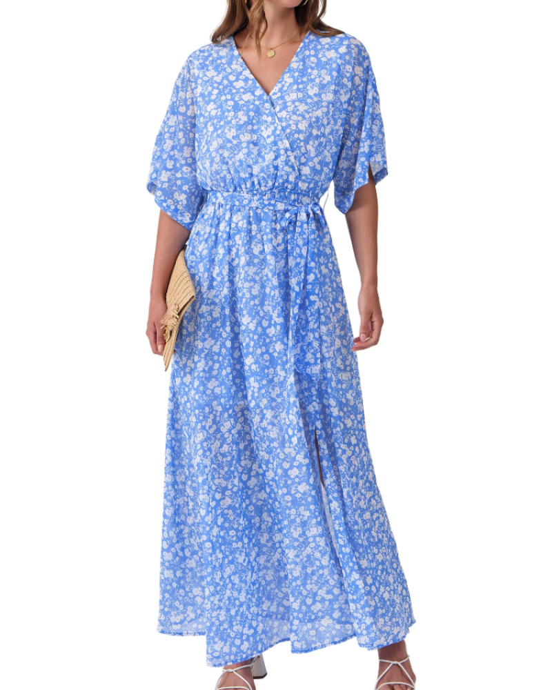 Rodelyn Dámský Maxi Župan – Výstřih do V se Zavinovacím Efektem, 3/4 Kimono Rukávy a Elegantní Bohémský Rozparek