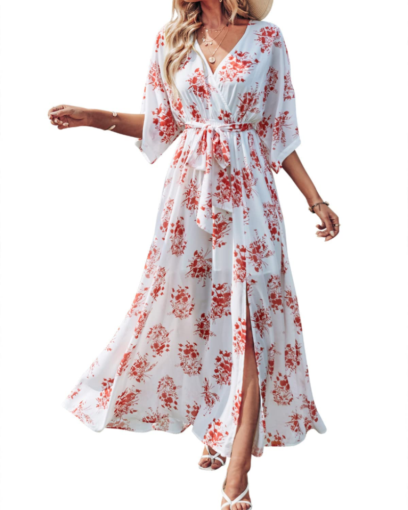 Rodelyn Dámský Maxi Župan – Výstřih do V se Zavinovacím Efektem, 3/4 Kimono Rukávy a Elegantní Bohémský Rozparek