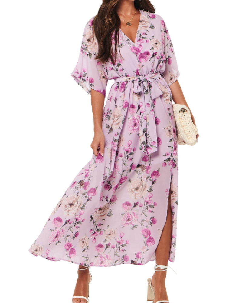 Rodelyn Dámský Maxi Župan – Výstřih do V se Zavinovacím Efektem, 3/4 Kimono Rukávy a Elegantní Bohémský Rozparek