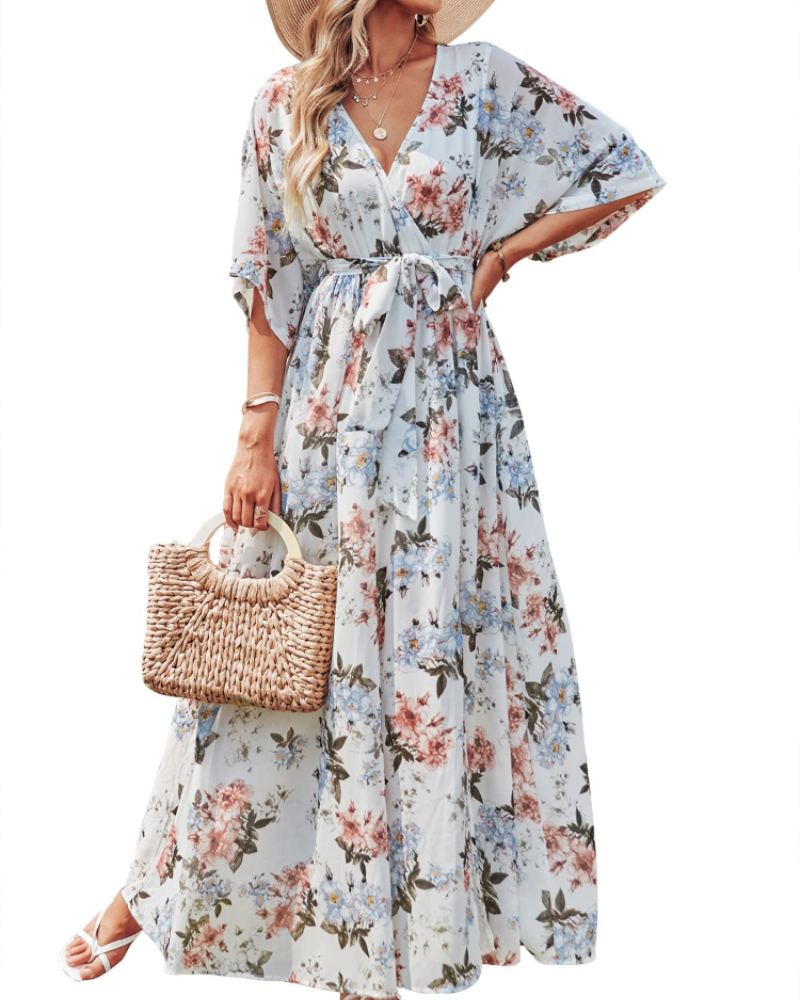 Rodelyn Dámský Maxi Župan – Výstřih do V se Zavinovacím Efektem, 3/4 Kimono Rukávy a Elegantní Bohémský Rozparek