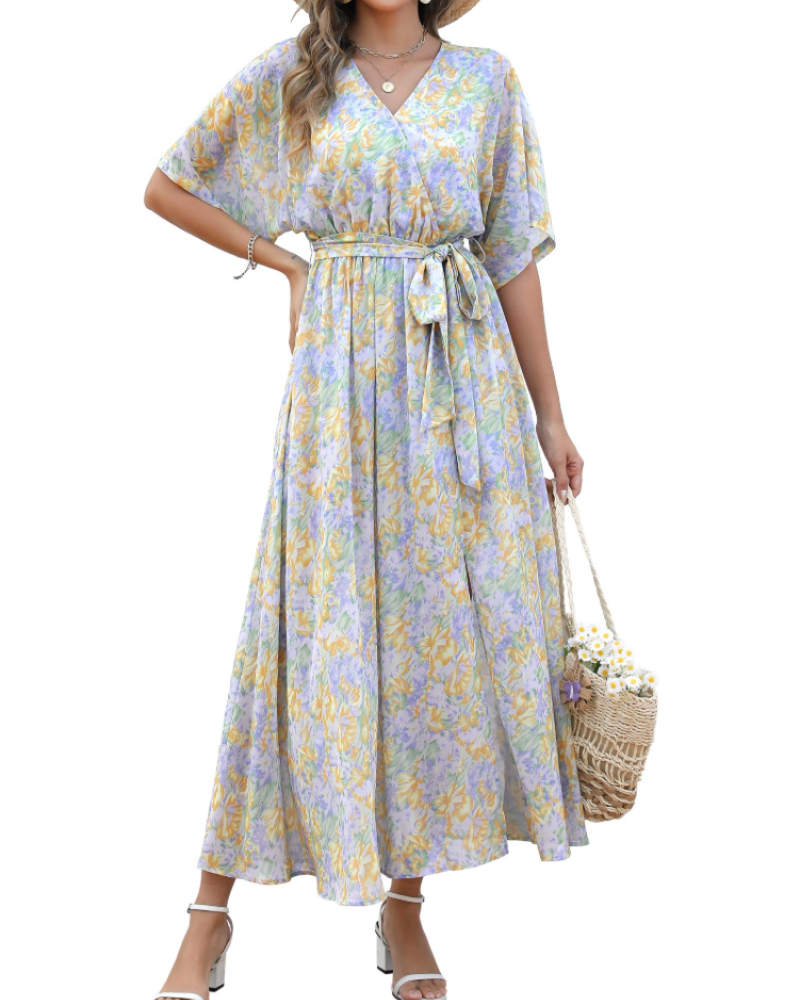 Rodelyn Dámský Maxi Župan – Výstřih do V se Zavinovacím Efektem, 3/4 Kimono Rukávy a Elegantní Bohémský Rozparek