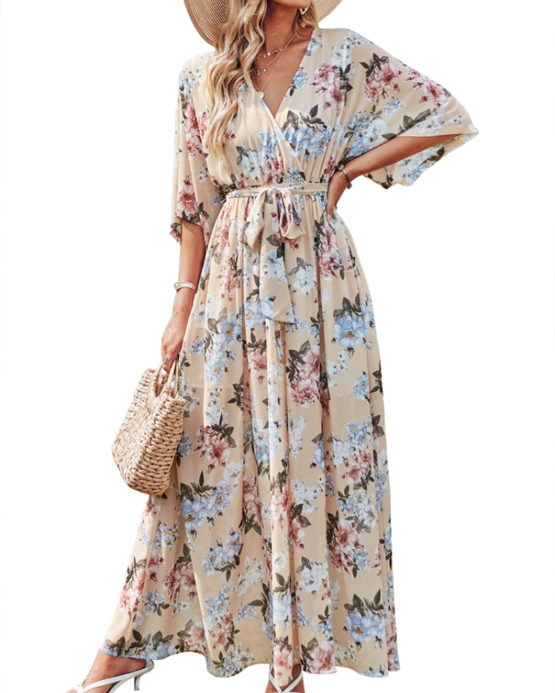 Rodelyn Dámský Maxi Župan – Výstřih do V se Zavinovacím Efektem, 3/4 Kimono Rukávy a Elegantní Bohémský Rozparek
