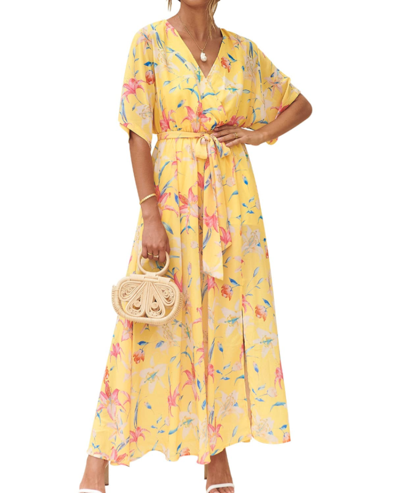 Rodelyn Dámský Maxi Župan – Výstřih do V se Zavinovacím Efektem, 3/4 Kimono Rukávy a Elegantní Bohémský Rozparek