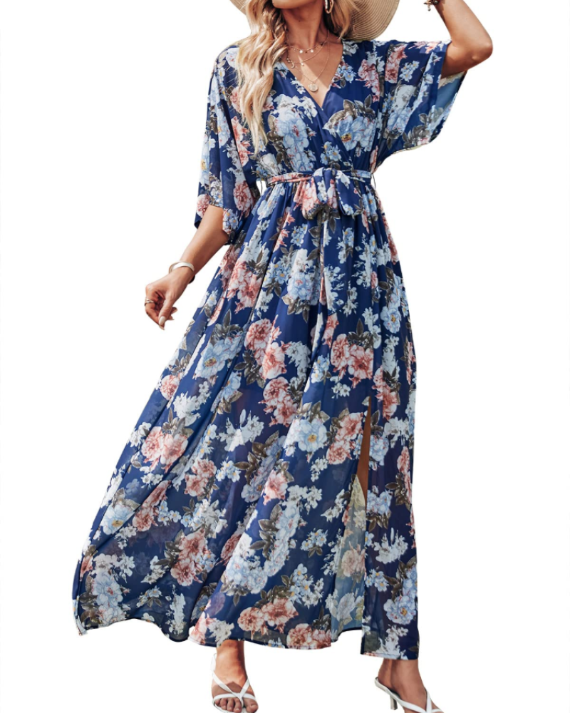 Rodelyn Dámský Maxi Župan – Výstřih do V se Zavinovacím Efektem, 3/4 Kimono Rukávy a Elegantní Bohémský Rozparek