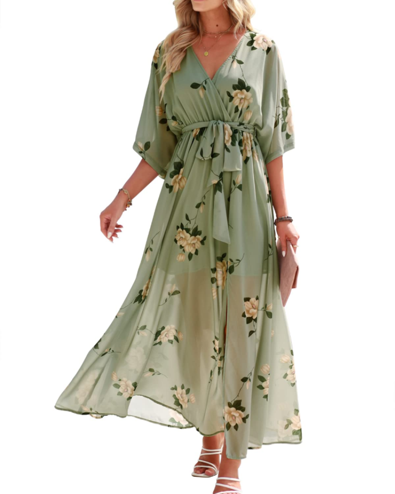 Rodelyn Dámský Maxi Župan – Výstřih do V se Zavinovacím Efektem, 3/4 Kimono Rukávy a Elegantní Bohémský Rozparek