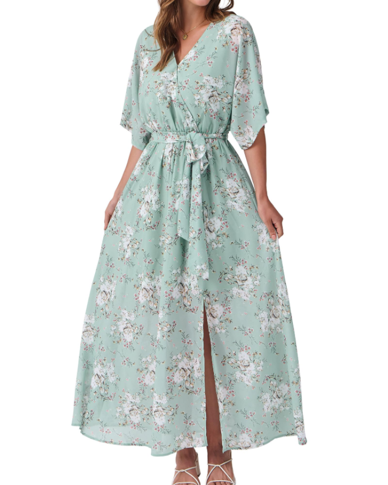 Rodelyn Dámský Maxi Župan – Výstřih do V se Zavinovacím Efektem, 3/4 Kimono Rukávy a Elegantní Bohémský Rozparek
