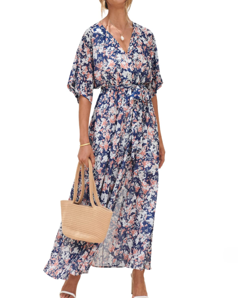 Rodelyn Dámský Maxi Župan – Výstřih do V se Zavinovacím Efektem, 3/4 Kimono Rukávy a Elegantní Bohémský Rozparek