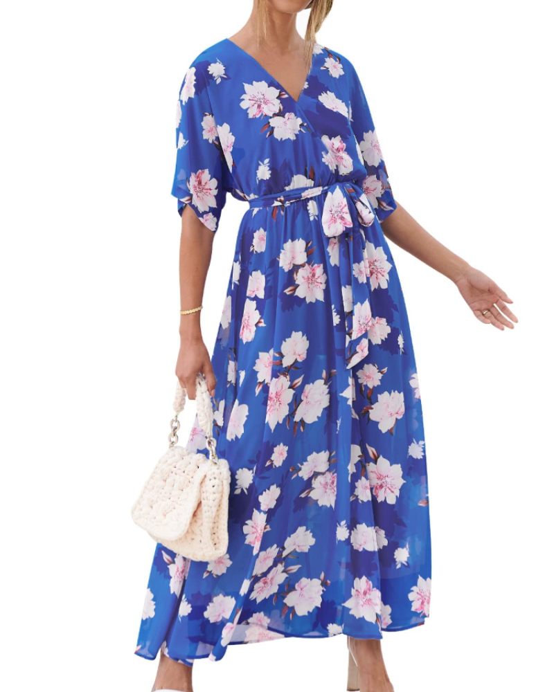 Rodelyn Dámský Maxi Župan – Výstřih do V se Zavinovacím Efektem, 3/4 Kimono Rukávy a Elegantní Bohémský Rozparek