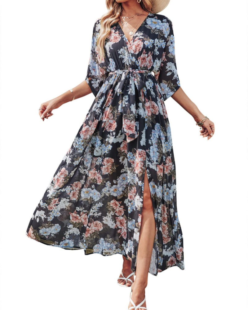 Rodelyn Dámský Maxi Župan – Výstřih do V se Zavinovacím Efektem, 3/4 Kimono Rukávy a Elegantní Bohémský Rozparek
