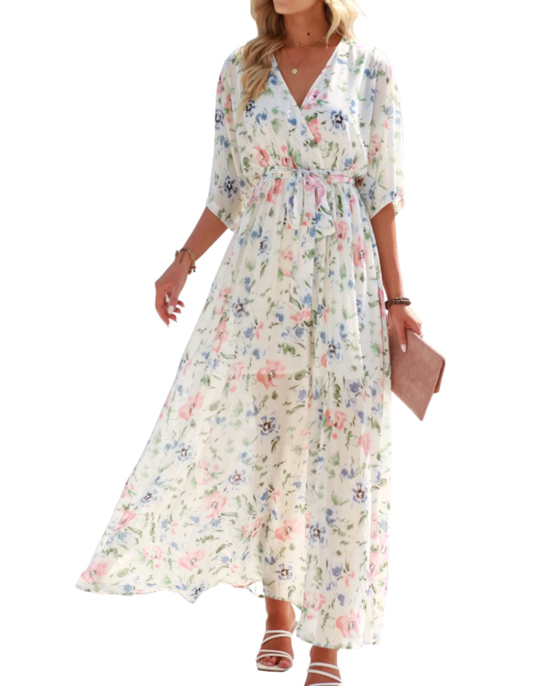 Rodelyn Dámský Maxi Župan – Výstřih do V se Zavinovacím Efektem, 3/4 Kimono Rukávy a Elegantní Bohémský Rozparek