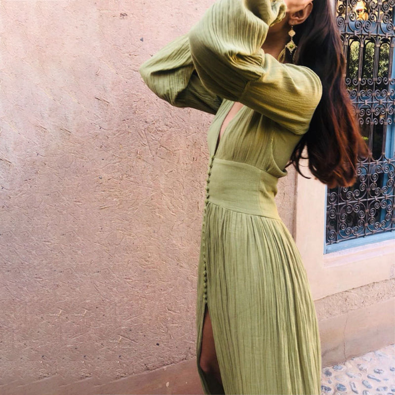Sadie Maxi Women's Dress - Abito estivo Khaki al 100% con eleganti brufoli e dettagli