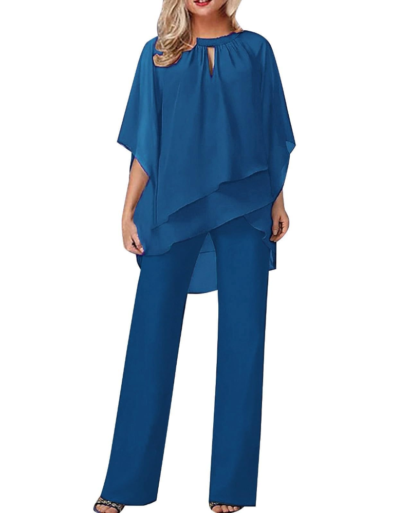 Emma Elegant Kvinde Sæt – Asymmetrisk Top & Flydende Bukser Plus Size
