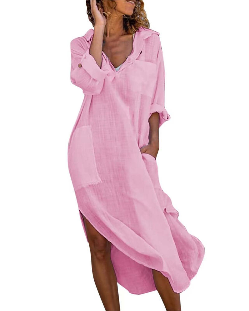 Vestaglia Camicia Donna Lindy – Vestaglia Lunga Bottoni Cotone-Lino Taglia Regolabile Elegante & Casual