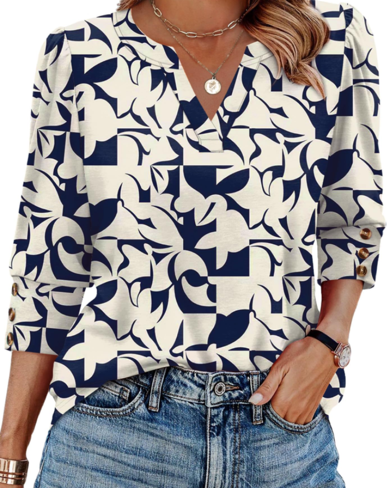 Zeline Damen-Bluse – V-Ausschnitt-Top mit 3/4-Ärmeln, Knöpfen & Business-Casual-Stil