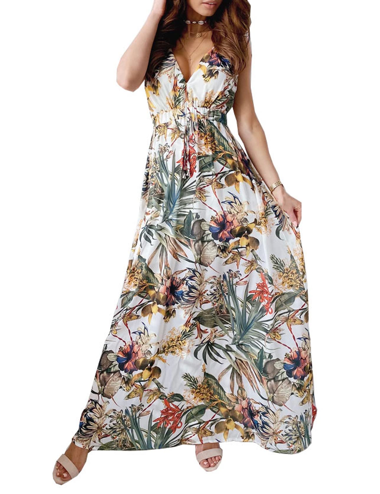 Windy Robe Maxi Femme – Výstřih do V bez rukávů, Nastavitelný pas a Volný střih s dvojitou podšívkou na léto