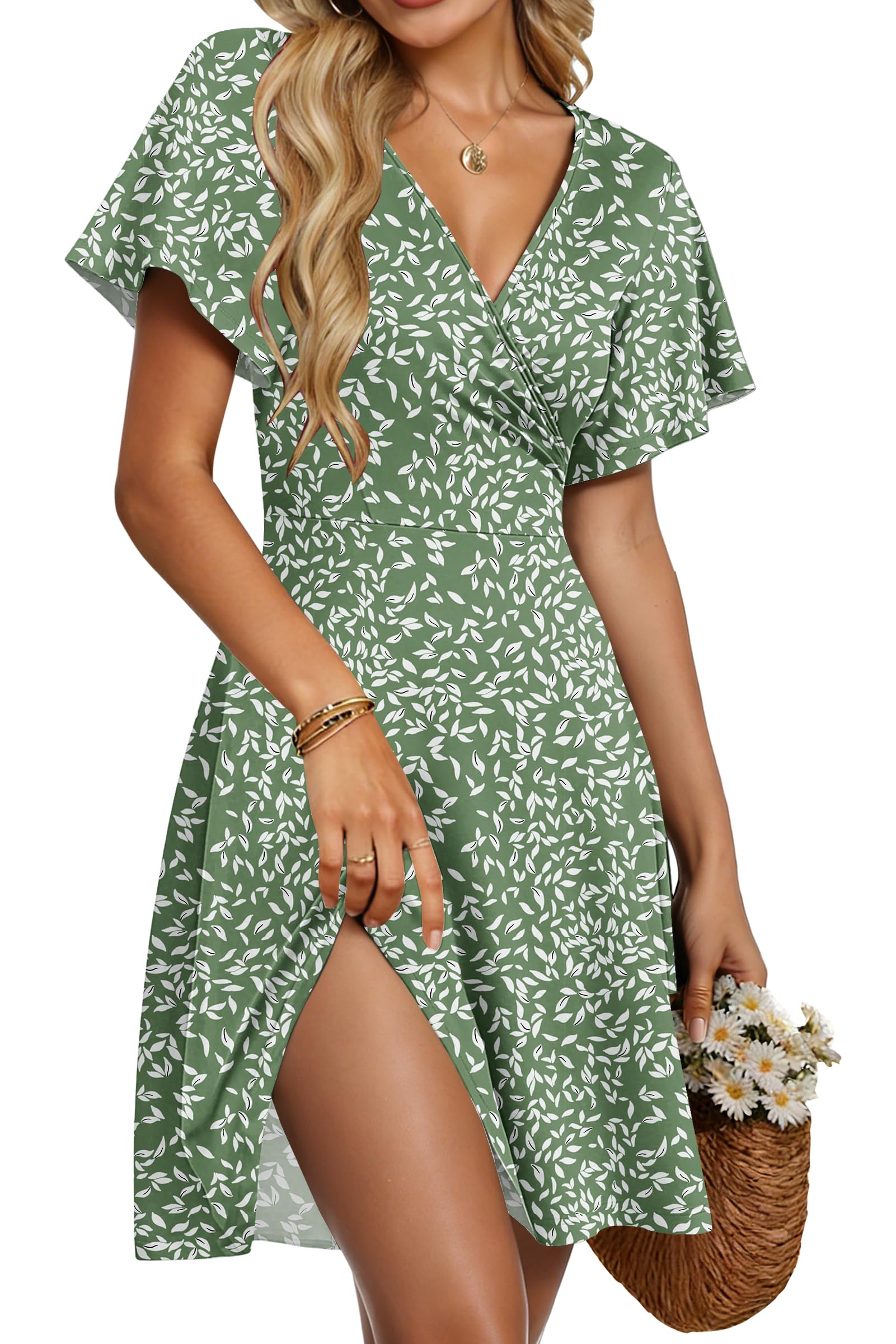 Mariselle Women's Dress – Floral V-Neck Wrap, Empire Waist & Pockets, A-Line Summer Cut