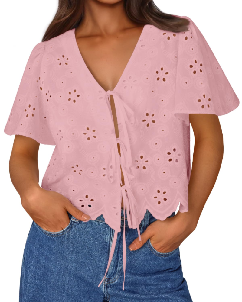 Liora Top Femme Été – Blouse Bohème en Coton Broderie Anglaise avec Nœud, Style Plage Chic