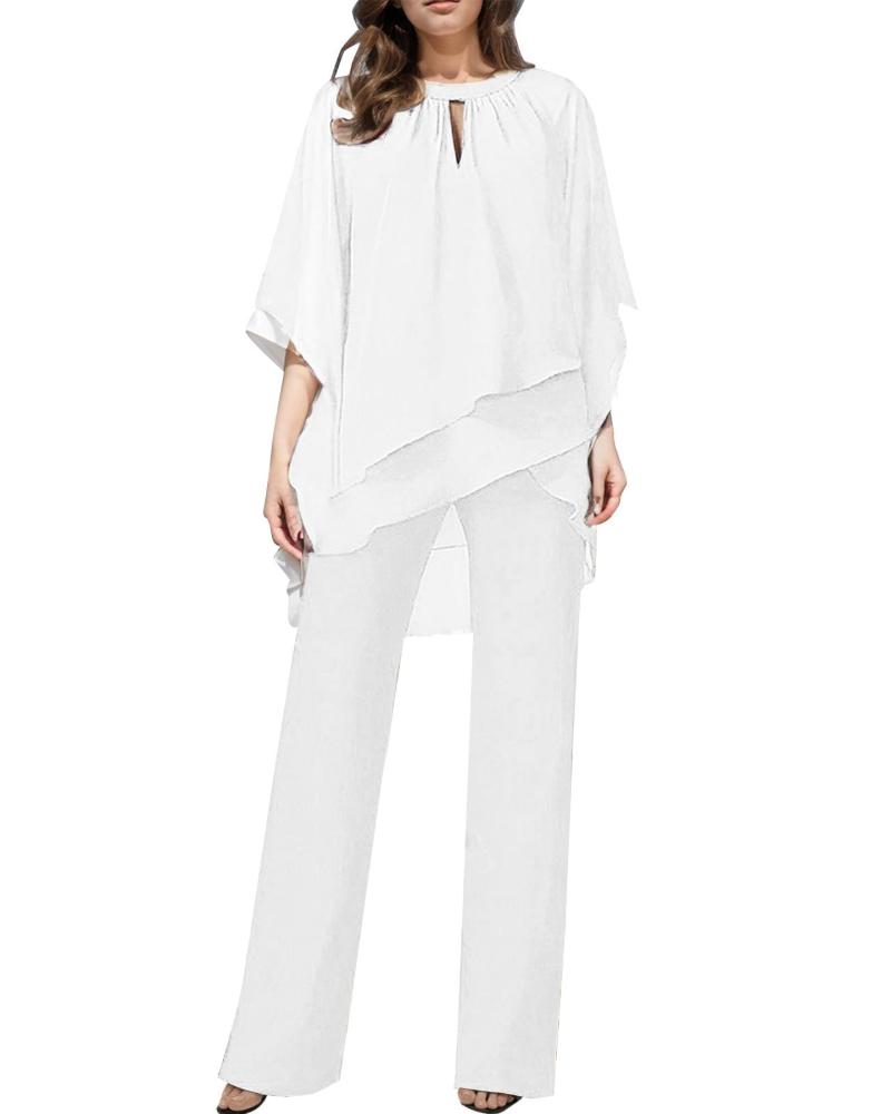Emma Elegant Kvinde Sæt – Asymmetrisk Top & Flydende Bukser Plus Size
