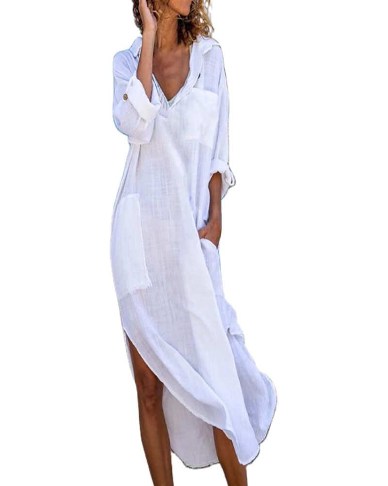 Vestaglia Camicia Donna Lindy – Vestaglia Lunga Bottoni Cotone-Lino Taglia Regolabile Elegante & Casual
