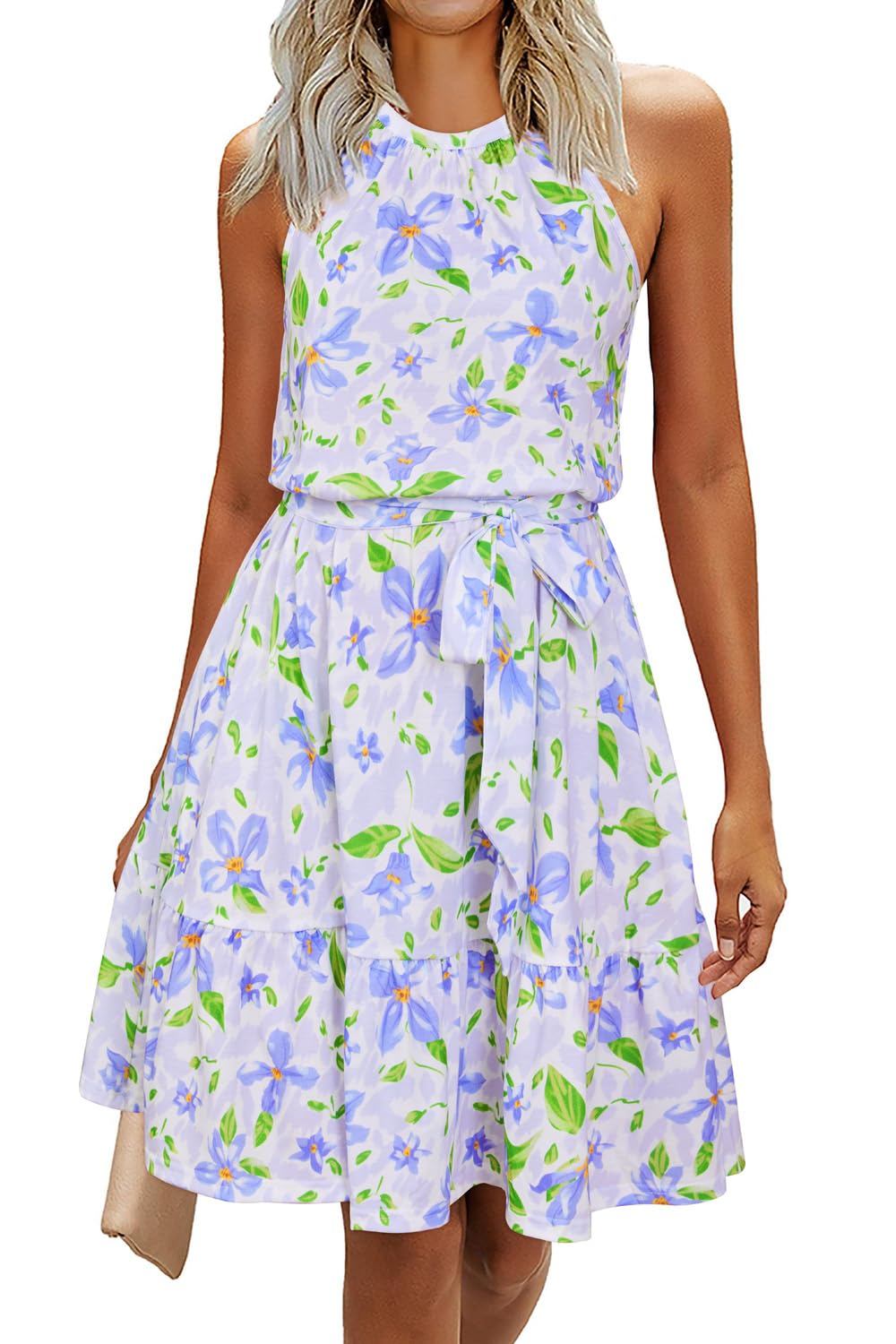 Rosa Robe Femme – Col Halter Sans Manches, Coupe A-Line Midi & Ceinture avec Poches