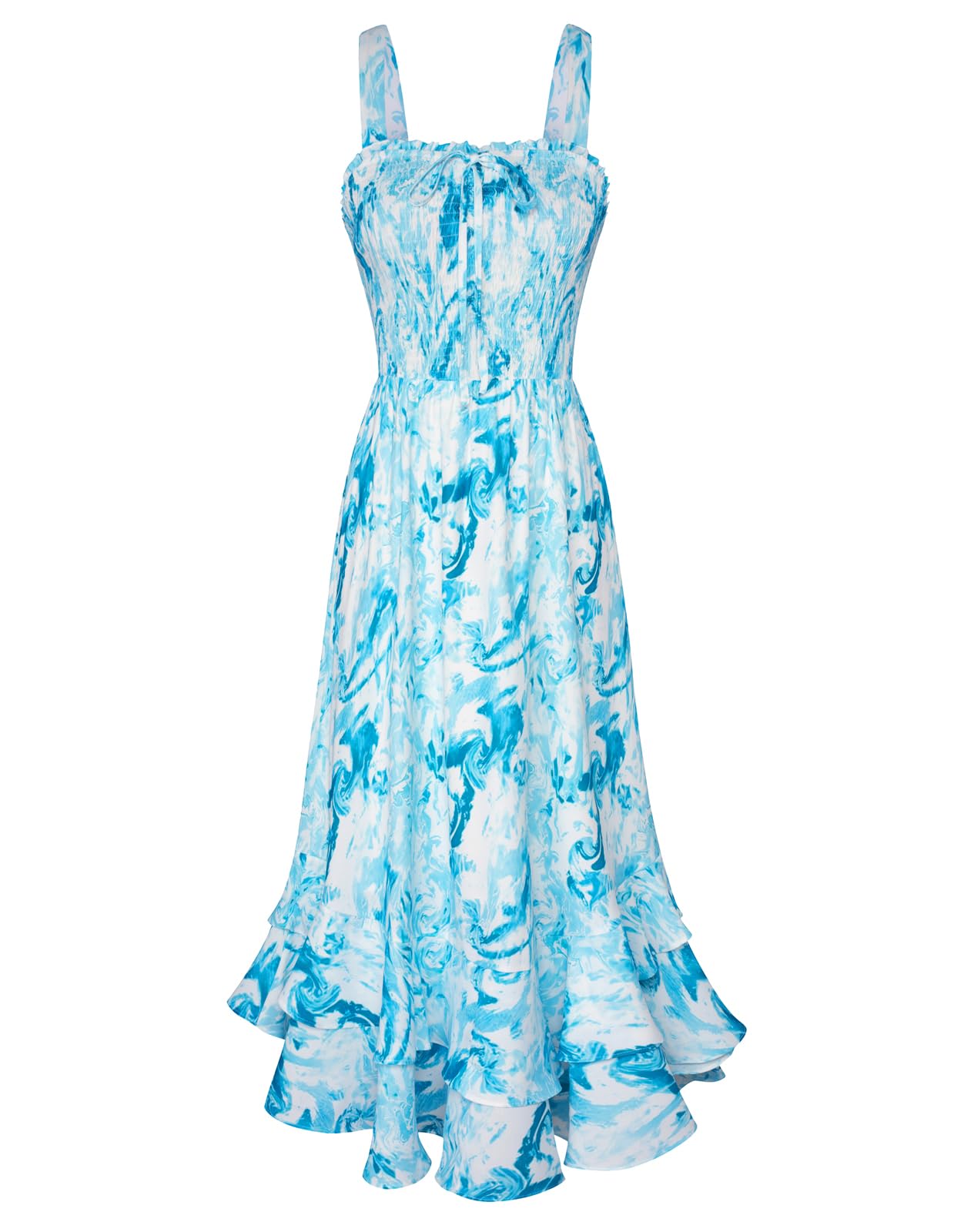 Mildred Robe Maxi Femme – Col Carré Bretelles, Coupe A-Line Smockée & Ourlet Volants Été