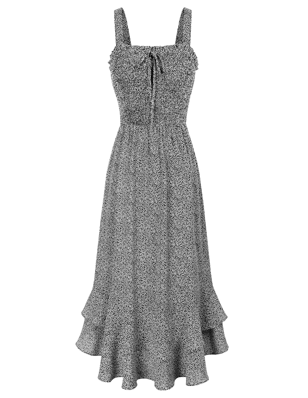 Mildred Robe Maxi Femme – Col Carré Bretelles, Coupe A-Line Smockée & Ourlet Volants Été