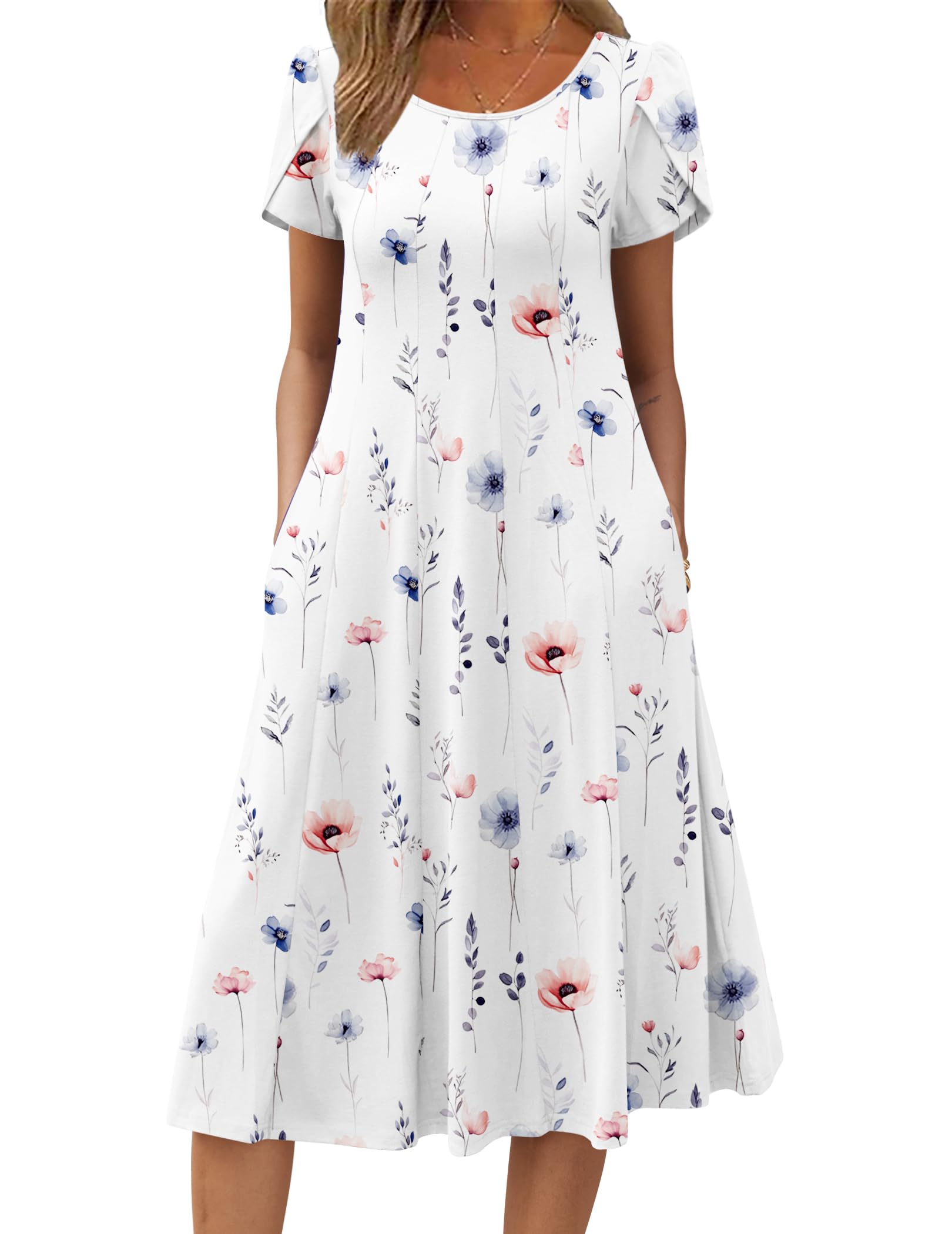 Wella Robe Femme – Sukienka z okrągłym dekoltem, krótkimi rękawami, krojem swing midi i kieszeniami na lato