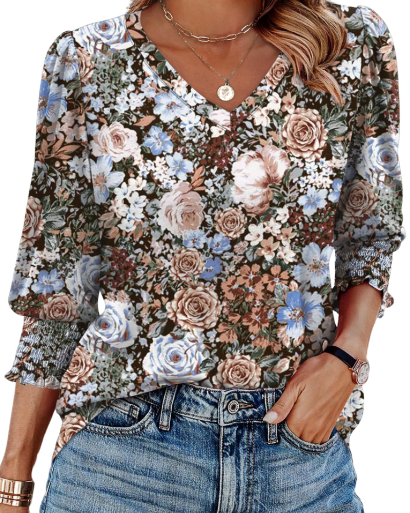 Blusa Veda Mulher – Top com Decote em V, Mangas 3/4 Bufantes e Punhos Fruncidos Chic