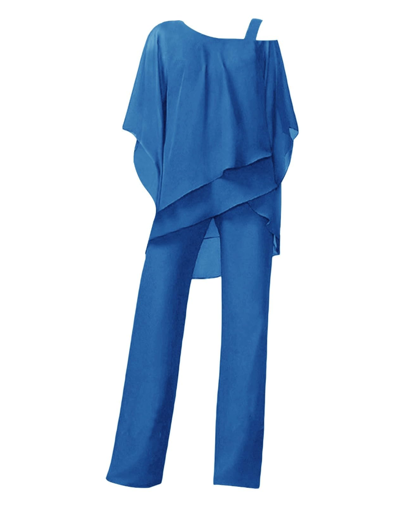 Emma Elegant Kvinde Sæt – Asymmetrisk Top & Flydende Bukser Plus Size