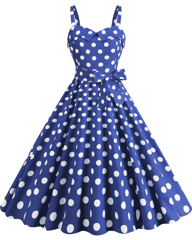Rosie Robe Femme – Midi šaty vintage s puntíky, výstřih do V, bez rukávů, vysoký pas, rockabilly šik