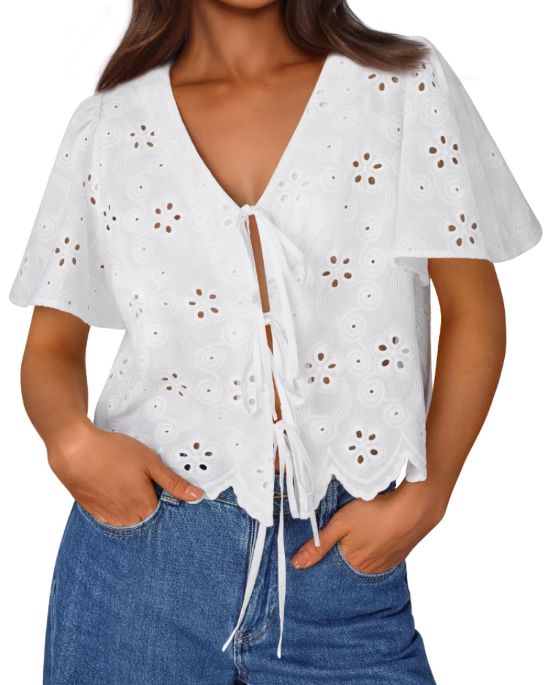 Liora Top Femme Été – Blouse Bohème en Coton Broderie Anglaise avec Nœud, Style Plage Chic