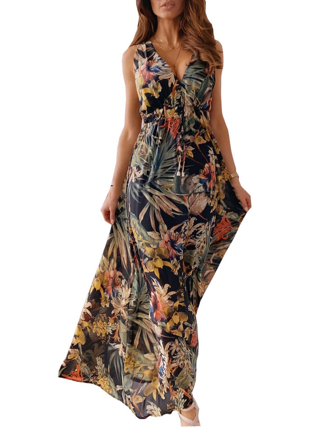 Windy Robe Maxi Femme – Výstřih do V bez rukávů, Nastavitelný pas a Volný střih s dvojitou podšívkou na léto