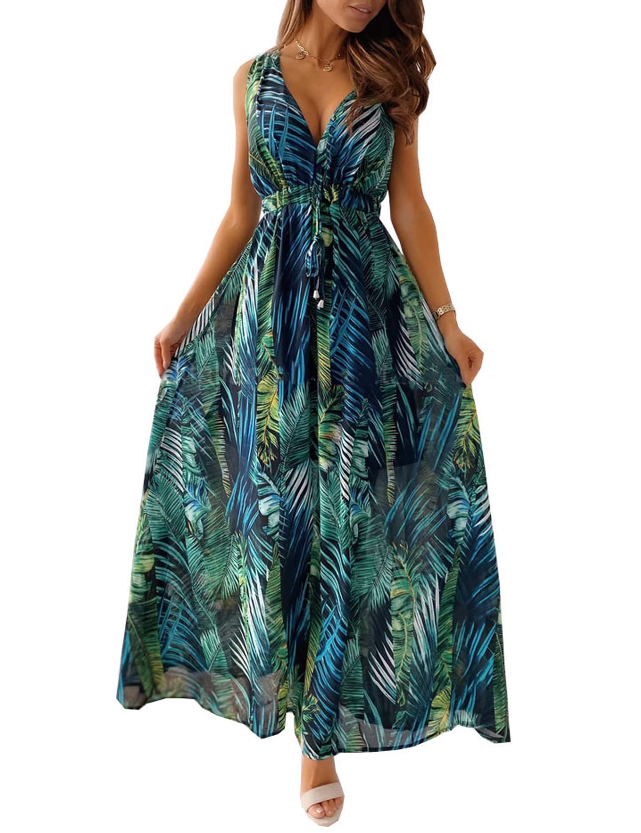 Windy Robe Maxi Femme – Výstřih do V bez rukávů, Nastavitelný pas a Volný střih s dvojitou podšívkou na léto